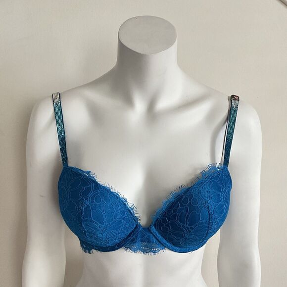 Victoria’s Secret Bombshell Bra Blue Sexy Shine Strap Add Cups Push Up 32C - Picture 9 of 9